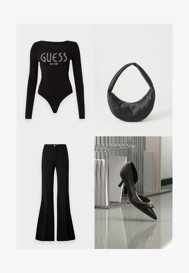 Čierny body s dlhým rukávom a okrúhlym výstrihom, s nápisom "GUESS" vyrobeným z kamienkov a "EST.1981" v bielej farbe, vyrobený z elastického materiálu.; Čierne rozšírené nohavice vyrobené z hladkého materiálu, s predným zapínaním na gombík, pútkami na opasok a čistým, strihaným dizajnom.; Čierna kotníková topánka na nízkom podpätku s hrotom so zlatým emblémom na špičke, zobrazená vo vzduchu na pozadí odrazovej plochy a kovového stojanu.; Čierna saténová kabelka s zakriveným tvarom, so zipsovým uzáverom a trojuholníkovým kovovým logom na prednej strane. Hladká textura a elegantný dizajn.