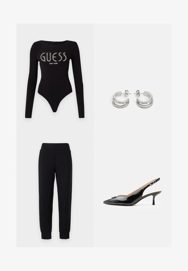 Zwart langemouwen bodysuit met een ronde halslijn, met "GUESS" in rhinestones en "EST.1981" in het wit, gemaakt van rekbaar materiaal.; Zwarte sweatpants met taps toelopende pijpen, voorzien van een brede elastische tailleband en gemêleerde zijpanelen. Gemaakt van een zachte, rekbare stof.; Zwarte lakleren slingback hak met spitse neus, kleine kittenhak en zilveren gespsluiting op een effen witte achtergrond.; Guess STYLISH - Oorbellen - silver-coloured