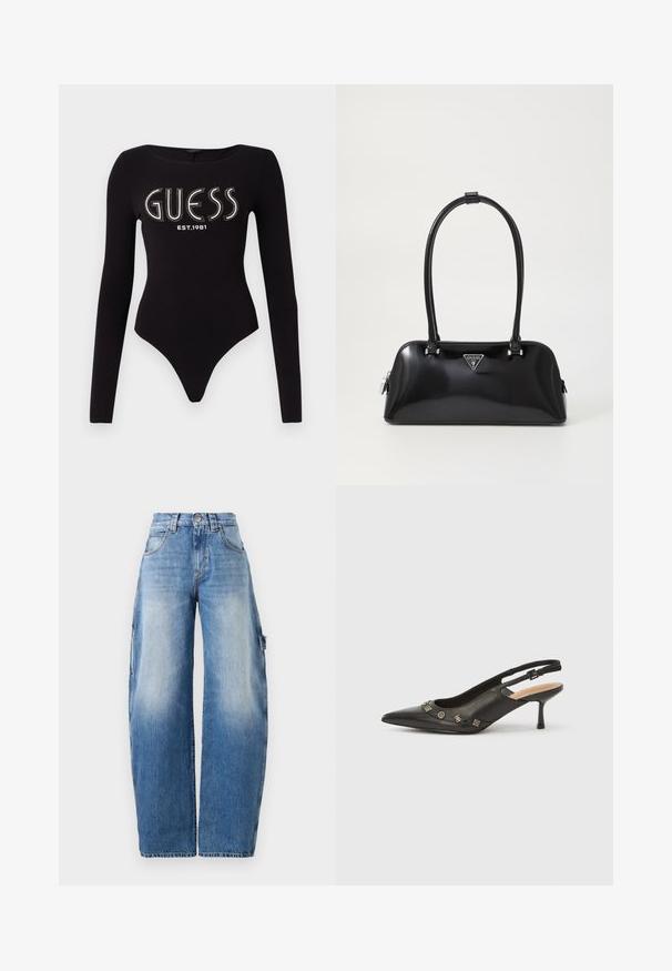 Bodysuit negro de manga larga con escote redondeado, que presenta "GUESS" en pedrería y "EST.1981" en blanco, confeccionado en una tela elástica.; Jeans de pierna ancha en azul claro, hechos de denim. Presentan una cintura alta, un ligero desgaste, grandes bolsillos laterales y detalles de costura en contraste.; Zapato de tacón con talón descubierto en piel negra, punta puntiaguda, tacón pequeño y detalles metálicos decorativos a lo largo de la abertura frontal. Textura lisa.; Bolso de mano negro brillante con una silueta curva, dos asas y una placa de logo en la parte frontal. Cierre de cremallera y acentos de hardware brillante.