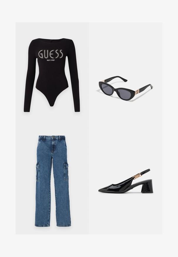 Sort langærmet bodystocking med en scoop-halsudskæring, prydet med "GUESS" i rhinsten og "EST.1981" i hvid, lavet af strækstof.; Blå denim cargo bukser med en afslappet pasform, der har to sidelommer, forstærket syning og et lige ben-design.; Sorte patentlæder slingback pumps med spidse tæer og guldfarvet hardware på remmen, med en blokhælhøjder. Glat tekstur.; Guess Solbriller - shiny black