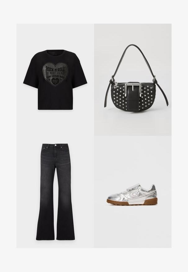 T-shirt noir à manches courtes avec un grand motif en clous argentés en forme de cœur et la phrase "Rock n Roll is not dead" centrée sur le devant.; Jean flare noir en tissu denim, avec une taille haute, un design cinq poches, et une légère décoloration vers l'ourlet des jambes.; Sneaker métallique argenté avec un logo "C" blanc, des lacets blancs et une semelle en caoutchouc marron, présenté sur le côté sur un fond clair uni.; Sac à main en cuir noir avec une forme arrondie, orné de clous en argent et d'une boucle en argent bien visible à l'avant. Sangle ajustable incluse.