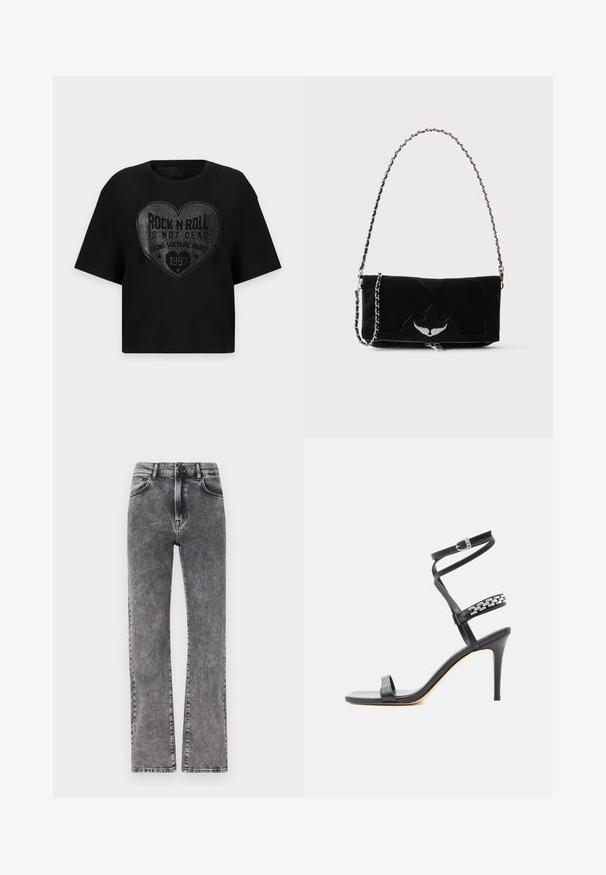 Zwart T-shirt met korte mouwen met een groot hartvormig zilverkleurig studdesign en de zin "Rock n Roll is not dead" gecentreerd op de voorkant.; Grijze denim hoge taille jeans met een rechte pijp, featuring subtiele wassing en standaard vijf-pocket stijl.; Zwarte sandaal met hoge hak, smalle enkelband, middenvoetband versierd met zilveren schakels en een open teenontwerp.; Zwarte rechthoekige handtas met zilverkleurig gevleugeld embleem aan de voorkant en een zilveren kettingriem tegen een effen achtergrond.