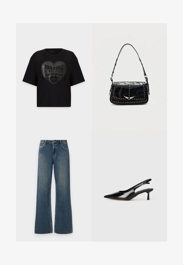 Schwarzes T-Shirt mit kurzen Ärmeln, großem herzförmigem silbernem Nietendesign und dem Satz "Rock n Roll is not dead" mittig vorne.; Weite jeans aus Denim in mittlerem Blau mit einem gefallenen Finish. Verfügt über fünf Taschen, Gürtelschlaufen und einen Metallknopfverschluss. Baumwollgewebe.; Schwarze Lackleder-Slingback-Absätze mit spitzer Zehe, dünnem Absatz und verstellbarem Schnallenriemen. Glatte Textur mit minimaler Ausstattung.; Schwarze Leder-Schultertasche mit silbernen Nieten und geflügeltem Metall-Emblem auf der Frontklappe vor einfarbigem Hintergrund.