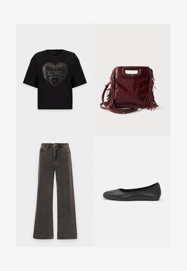 Schwarzes T-Shirt mit kurzen Ärmeln, großem herzförmigem silbernem Nietendesign und dem Satz "Rock n Roll is not dead" mittig vorne.; Weite Jeans aus dunkelgrauem Denim. Mit hoher Taille, fünf Taschen und kontrastierenden goldenen Nähten. Dezente Abnutzung sorgt für ein strukturiertes Erscheinungsbild.; Schwarze Leder-Ballettschuhe mit abgerundeter Spitze, glatter Textur, minimalen Nähdetails und einem flexiblen Sohlen-Design.; Quadratische burgunderrote Lederhandtasche mit ausgeschnittenem Griff, seitlichen Fransen und verstellbarem Schulterriemen auf einfarbigem Hintergrund.