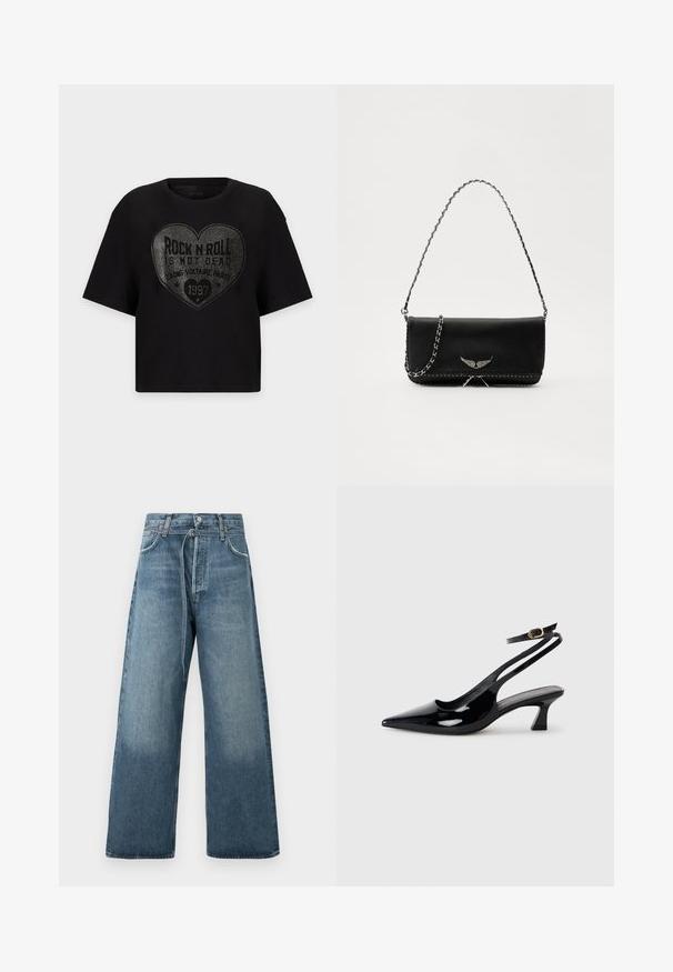 T-shirt noir à manches courtes avec un grand motif en clous argentés en forme de cœur et la phrase "Rock n Roll is not dead" centrée sur le devant.; Jeans évasés bleu en délavé, fabriqués en denim avec des accents de couture visibles et une fermeture à bouton à la taille.; Escarpins à brides arrière en cuir verni noir, à bout pointu, avec un petit talon carré et une sangle de cheville ajustable dotée d'une boucle dorée.; Sac à main en cuir noir avec une bandoulière en chaîne argentée, présentant des accents décoratifs en forme d'ailes et des coutures blanches le long de la couture inférieure.