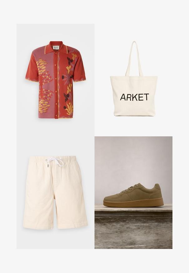 Chemise à manches courtes aux tons rouges et roses, présentant des motifs floraux et des accents en jaune et noir. Devant boutonné avec un col contrastant.; Shorts en coton beige avec une coupe décontractée, une taille élastique et un cordon de serrage blanc. Comprend des poches latérales et une texture lisse.; Baskets vert olive à lacets flottant au-dessus d'un banc en bois, avec un feuillage vert flou en arrière-plan.; Sac fourre-tout en toile beige avec de longues anses et le texte noir "ARKET" imprimé sur le devant.