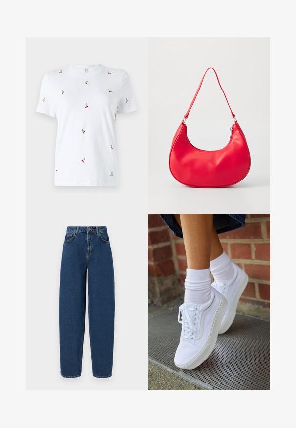 Hvid bomulds t-shirt med korte ærmer, der har spredt rød kirsebærbroderi og grønne stilke som nøgle dekorative detaljer.; Mørkeblå denim jeans med høj talje, bred benpasform, fem-lomme design og kontrasterende syninger. Klassisk lynlås og knaplukning.; Hvide lærreds sneakers med gummisåler, der har seks snørehuller, rund tå og let sømdetaljer, krydret med hvide ankelstrømper.; Rød syntetisk læder skuldertaske med en buet form, slank rem og lynlås lukning. Glat tekstur med synlige syninger.