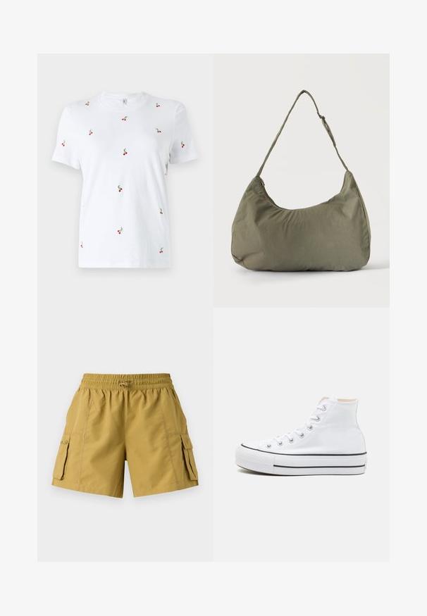 Hvid bomulds t-shirt med korte ærmer, der har spredt rød kirsebærbroderi og grønne stilke som nøgle dekorative detaljer.; Cargo shorts i khaki med elastisk talje, snøre og to sidelommer. Fremstillet af letvægtsstof med en glat overflade.; Hvide høj-top sneakers lavet af kanvasmateriale, sort gummisål og kontrasterende sort stribe på mellemsålen. Rund tåhætte og snørebåndsdesign.; Skuldertaske i blødt olivengrønt stof med lynlås og justerbar rem på ensfarvet, lyst baggrund.