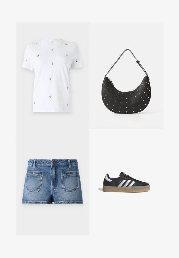 Camiseta de algodón blanca de manga corta, con bordados de cerezas rojas dispersas y tallos verdes como detalles decorativos clave.; Pantalones cortos de mezclilla en azul claro con un acabado desvaído, diseño de cinco bolsillos, dos bolsillos frontales, dos bolsillos traseros y una cintura con botón.; Zapatilla deportiva de cuero negro con tres rayas plateadas, punta texturizada y suela de goma. Cuenta con un collar acolchado y un diseño con cordones.; Bolso de mano de cuero negro con forma curva, adornado con tachuelas plateadas, cuenta con cierre de cremallera y una sola correa ajustable.