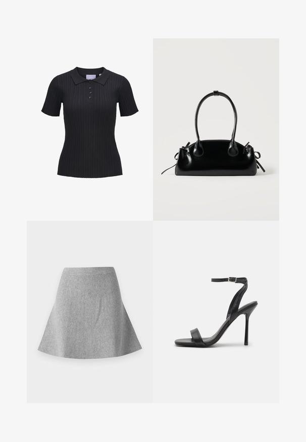 Zwart kortademig geribbeld katoenen poloshirt met vier knopen en een traditionele kraag.; Grijze, gebreide flared rok met een gestructureerde afwerking. Heeft een tailleband en een gladde silhoeet, die naar de zoom toe taps toeloopt.; Zwarte hoge hakken sandaal met een slanke enkelband en twee voorste banden. Gemaakt van soepel leer met een slanke puntneus en een stiletteloze hak.; Kleine zwarte glanzende handtas met twee lange hengsels en zijkant trekkoord details op een effen lichte achtergrond.