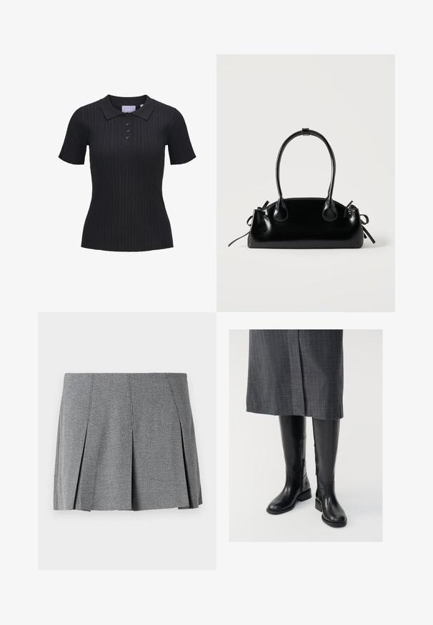 Zwart kortademig geribbeld katoenen poloshirt met vier knopen en een traditionele kraag.; Grijze geplooide mini-jurk gemaakt van textuurstof, met een ruitpatroon en een rechte snit met splitdetails aan de zijkant.; Zwarte leren laarzen tot de knie met een gladde textuur, zijritsen en een platte zool. De laarzen hebben een gestructureerde schacht en minimale hardware.; Kleine zwarte glanzende handtas met twee lange hengsels en zijkant trekkoord details op een effen lichte achtergrond.