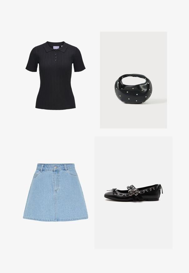 Polo noir à manches courtes en maille côtelée avec quatre boutons et un col traditionnel.; Jupe trapèze en denim bleu clair avec fermeture avant par boutons et zip, passants pour ceinture et deux poches avant.; Chaussure de ballet plate noire avec doubles brides à boucle, œillets argentés et petit nœud près de l’orteil arrondi sur fond blanc.; Sac à main en cuir noir de forme arrondie, décoré de clous argentés et équipé d'une poignée courte. Texture lisse et fermeture éclair.