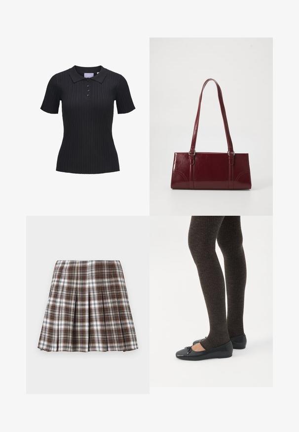 Sort kortærmet ribstrikket polo i strik med fire knapper og traditionelt krave.; Brun og hvid ternet plisseret nederdel med en struktureret design og sprød tekstur, der har høj talje og flere lodrette folder.; Ben iført mørke ribbede leggings kombineret med sorte balletsko med små sløjfedetaljer på hvid baggrund.; Bordeaux håndtaske lavet af glansfuldt materiale, rektangulær form, med to skulderremme og subtile buede detaljer på forsiden.