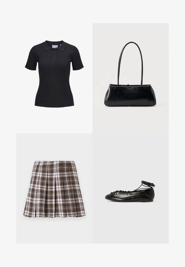 Sort kortærmet ribstrikket polo i strik med fire knapper og traditionelt krave.; Brun og hvid ternet plisseret nederdel med en struktureret design og sprød tekstur, der har høj talje og flere lodrette folder.; Sorte balletflade sko i laklæder med rundet tå, snørelukning og flad sål. Glat tekstur med få detaljer.; Sort rektangulær skuldertaske med lange tynde stropper og en glat, blank tekstur på en ensfarvet baggrund.