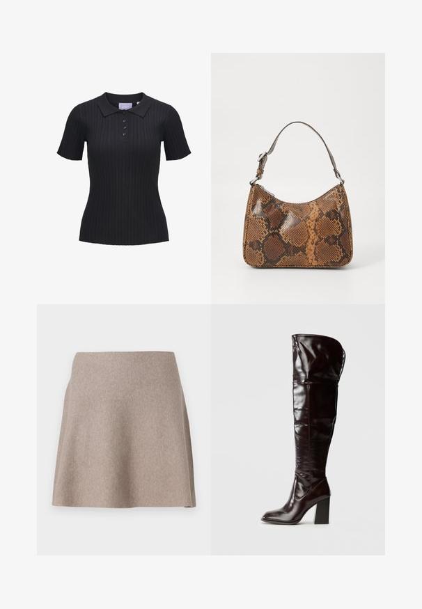Sort kortærmet ribstrikket polo i strik med fire knapper og traditionelt krave.; En beige, flagrende nederdel lavet af blødt stof med en glat tekstur og en ren kant. Enkel design uden synlige mønstre eller udsmykninger.; Knæhøje, blanke bordeauxrøde læderstøvler med firkantet tå og blokhæl, der har et løstsiddende design og minimale syningsdetaljer.; Lille håndtaske med brun og sort slangeskinn mønster, kort justerbar rem og lynlåslukning.