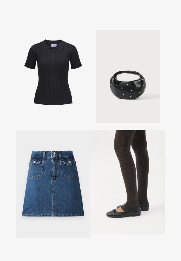 Sort kortærmet ribstrikket polo i strik med fire knapper og traditionelt krave.; Denim nederdel i dyb blå, med en tætsiddende talje, to forlommer, to baglommer og sølvfarvede knaplukninger.; Ben iført mørke ribbede leggings kombineret med sorte balletsko med små sløjfedetaljer på hvid baggrund.; Sort læderhåndtaske med en rundet form, dekoreret med sølvnitter, og et kort håndtag. Glat tekstur og lynlåslukning.