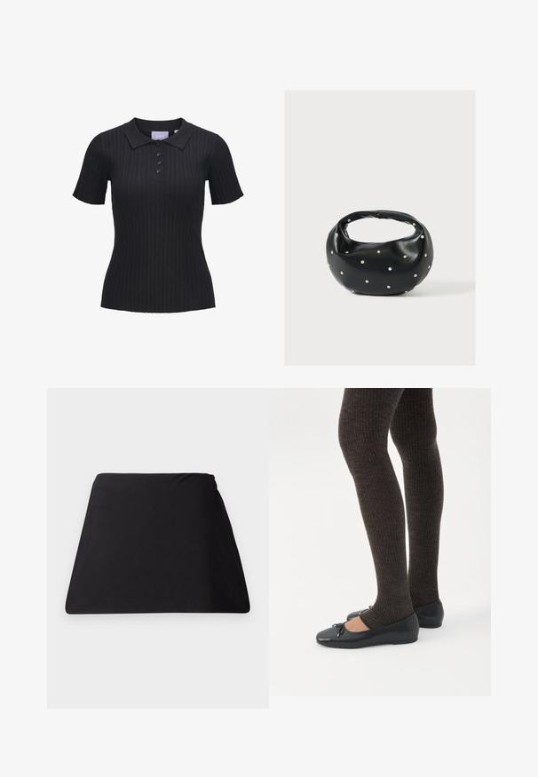 Polo noir à manches courtes en maille côtelée avec quatre boutons et un col traditionnel.; Tissu noir en forme de trapèze, avec une texture lisse, un design sans couture et sans matériel visible. Forme simpliste adaptée à de multiples utilisations.; Jambes portant des leggings côtelés foncés associés à des ballerines noires avec de petits détails en nœud sur fond blanc.; Sac à main en cuir noir de forme arrondie, décoré de clous argentés et équipé d'une poignée courte. Texture lisse et fermeture éclair.