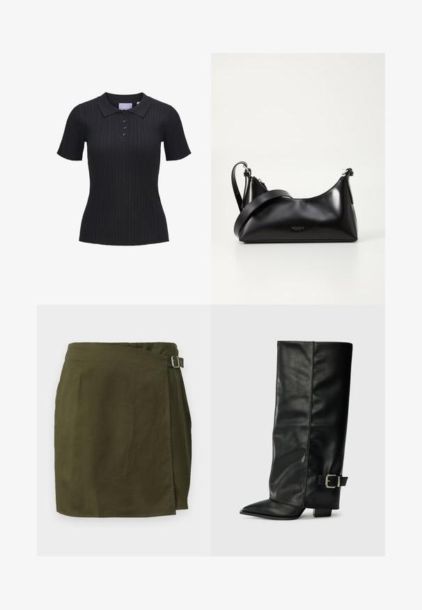 Sort kortærmet ribstrikket polo i strik med fire knapper og traditionelt krave.; Oliven grøn omslagskørt i et let stof, med en sidelås og en let asymmetrisk kant. Glat tekstur.; Sorte læder ankelstøvler i ankellængde med spids tå, glat tekstur og en sølvspændeaccents på siden. Kraftig firkantet hæl.; Sort læderhåndtaske med en glat tekstur. Har en justerbar stropp og et enkelt, minimalistisk design med lynlås.
