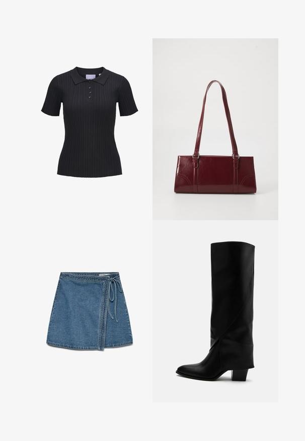 Sort kortærmet ribstrikket polo i strik med fire knapper og traditionelt krave.; Denim indigo omslagskørt i lys blå med et bånd i taljen, der har en lige pasform og en glat tekstur. Ingen synlige mønstre eller dekorationer.; Høj sort læderstøvle med skråt syning, spids tå og kraftig mellemhøj hæl på hvid baggrund.; Bordeaux håndtaske lavet af glansfuldt materiale, rektangulær form, med to skulderremme og subtile buede detaljer på forsiden.