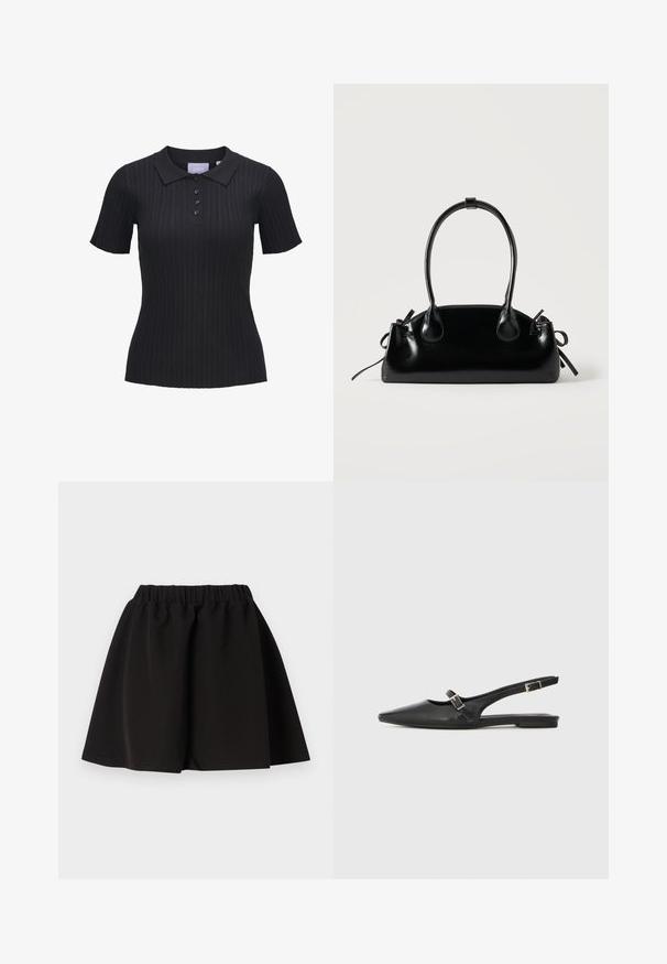 Camiseta tipo polo negra de manga corta con tejido de punto acanalado, cuatro botones y cuello tradicional.; Falda negra con cintura elástica, forma en línea A y dobladillo a la altura de la rodilla, diseño liso, mostrada extendida sobre un fondo blanco.; Zapatos slingback de cuero negro con punta afilada, que cuentan con una correa estrecha y un detalle de hebilla plateada en el lateral. Suela plana.; Pequeño bolso negro brillante con dos asas largas y detalles de cordón lateral sobre un fondo claro liso.