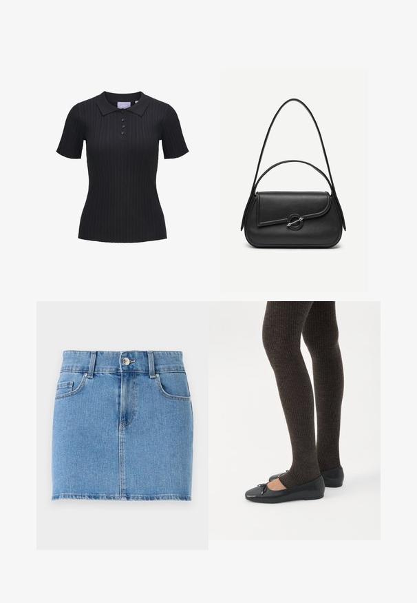 Camiseta tipo polo negra de manga corta con tejido de punto acanalado, cuatro botones y cuello tradicional.; Falda mini de denim en azul claro. Características de un diseño ajustado, estilo de cinco bolsillos, cierre de botón y dobladillo recto con un ligero deshilachado.; Piernas con leggings oscuros acanalados combinados con bailarinas negras que presentan pequeños detalles de lazo sobre un fondo blanco.; Bolso de cuero negro con bordes redondeados, solapa asimétrica, cierre circular de metal y correas de hombro cortas y largas.