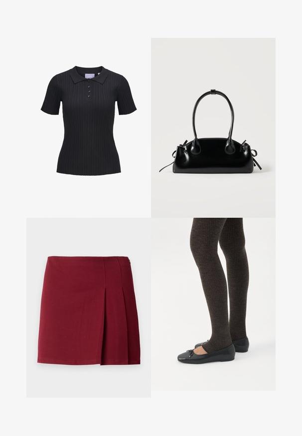 Sort kortærmet ribstrikket polo i strik med fire knapper og traditionelt krave.; Bordeaux plisseret miniskørt med en glat overflade, tætsiddende talje og lynlås i siden. Simple, minimalistisk design uden mønstre.; Ben iført mørke ribbede leggings kombineret med sorte balletsko med små sløjfedetaljer på hvid baggrund.; Lille sort blank håndtaske med to lange håndtag og snøre-detaljer i siden på en ensfarvet lys baggrund.