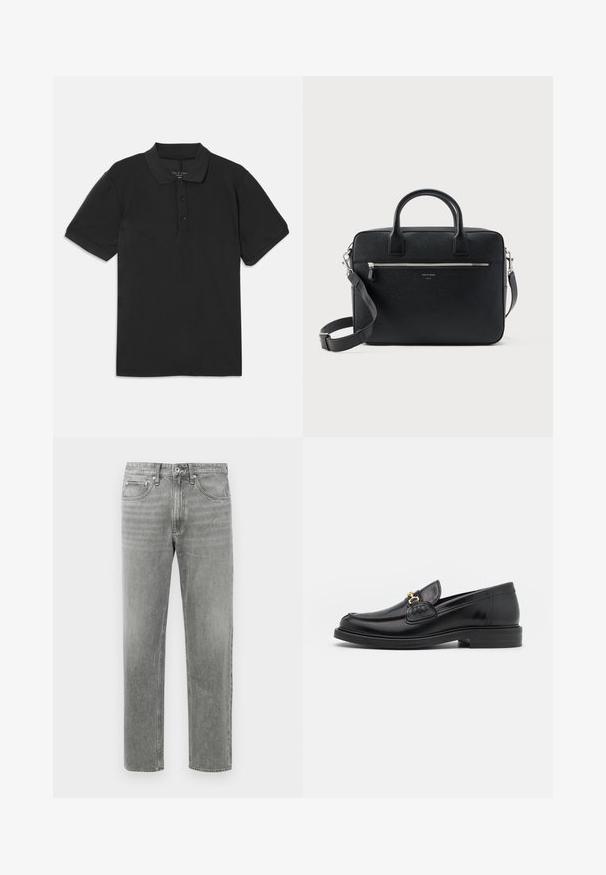 Polo noir à manches courtes, avec un col et une patte de boutonnage à trois boutons. Fabriqué à partir d'un tissu lisse et léger, présentant un design classique.; Jean en denim gris à coupe droite, avec un design classique à cinq poches et un léger dégradé pour la texture. Fermeture éclair standard.; Mocassins en cuir noir avec un embout rond, présentant des accents en métal doré et des détails de couture, montés sur une semelle en caoutchouc texturé et basse.; Serviette rectangulaire en cuir noir texturé avec double poignée, poche avant zippée et bandoulière réglable présentée sur fond blanc.