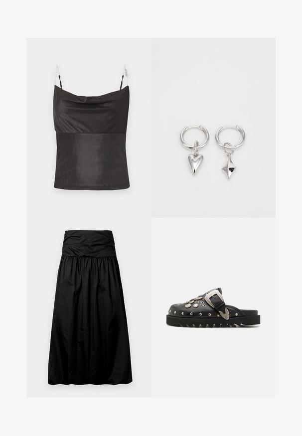 Haut sans manches en satin noir avec encolure drapée et fines bretelles chaîne dorée sur fond blanc.; Jupe noire mi-longue avec un design froncé, fabriquée dans un matériau lisse. Elle présente une large ceinture froncée en haut.; Sabots en cuir noir avec ornementation métallique, y compris des rivets et une boucle décorative, dotés d'une semelle épaisse et crantée.; Boucles d'oreilles en argent en forme de créoles, ornées d'un cœur et d'un pendentif en forme de diamant. Texture lisse avec une finition polie.