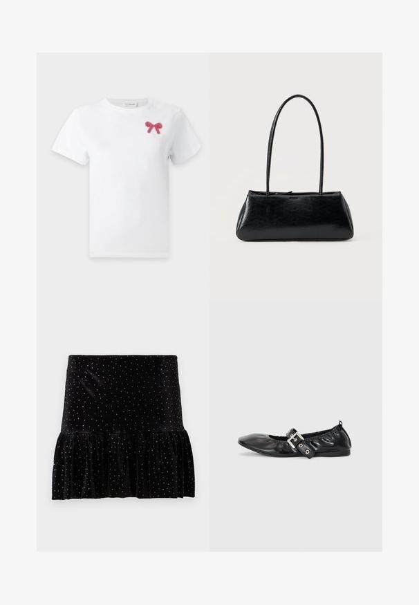 Camiseta blanca de manga corta con una pequeña decoración de lazo rosa con cuentas en la parte superior izquierda del pecho.; Falda de terciopelo negro con dobladillo rizado, adornada con manchas plateadas. Presenta una cintura ajustada y una textura suave.; Zapato plano de piel negra con puntera afilada, detalle fruncido alrededor de la abertura y un acento de hebilla plateada en la correa ajustable.; Bolso de hombro rectangular negro con correas largas y delgadas y una textura lisa y brillante sobre un fondo liso.
