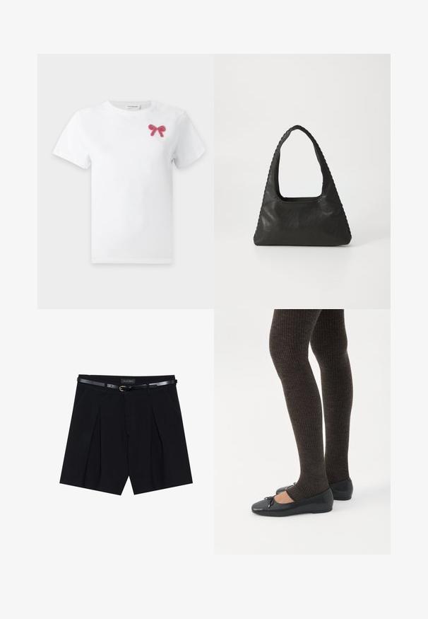 Wit T-shirt met korte mouwen met een klein roze strikje van kraaltjes op het bovenste linker borstgedeelte.; Zwarte op maat gemaakte shorts met plooien, voorzien van een slanke zwarte riem met een gouden gesp. Gemaakt van een soepele stof, die een verfijnde uitstraling biedt.; Benen met donkere geribbelde leggings gecombineerd met zwarte ballerina's met kleine strikdetails op een witte achtergrond.; Zwart leren handtas met een triangulaire vorm, een grote uitsparingshandgreep en gedetailleerde stiksels langs de randen. Glad textuur.