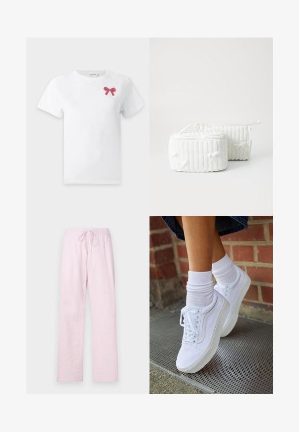 Hvid t-shirt med korte ærmer med en lille lyserød perle-sløjfe på det øverste venstre brystområde.; Lyserøde pyjamasbukser i et struktureret stof med en løs pasform, der har en elastisk talje og snøre til justering.; Hvide lærreds sneakers med gummisåler, der har seks snørehuller, rund tå og let sømdetaljer, krydret med hvide ankelstrømper.; To hvide tekstil kosmetikpunge, den ene rektangulær med et bærehåndtag, som har ribbet tekstur og små sløjfer på siderne. Den anden er cylindrisk.