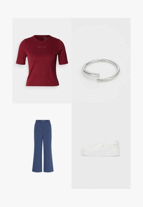 Donkerrode T-shirt met korte mouwen gemaakt van gladde stof met een ronde hals. Voorzien van een aangebracht "Calvin Klein" logo op de voorkant.; Marineblauwe wijde broek gemaakt van zachte stof met een gladde textuur. Heeft een elastische tailleband met het "Calvin Klein" logo langs de bovenkant.; Witte platform sneakers met een gladleren bovenkant, ronde neus, witte veters en subtiele logodetail aan de zijkant. Platte rubberen zool.; Calvin Klein SPIRAL - Armband - silver-coloured