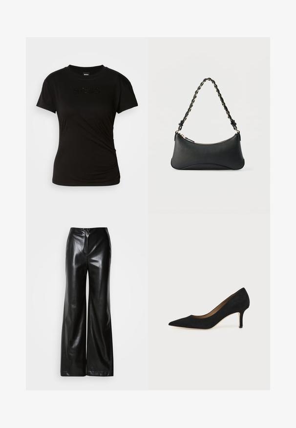 T-shirt noir en tissu doux, avec des manches courtes et un col rond. Le mot "BOSS" est brodé avec des accents noirs brillants.; Pantalons larges en cuir noir avec une texture lisse, taille haute et fermeture éclair frontale dissimulée. Coupe ajustée avec une finition soignée.; Escarpin en daim noir à bout pointu avec un talon stiletto fin de hauteur moyenne et un design à coupe basse sur un fond uni.; Sac à bandoulière en cuir noir de forme rectangulaire incurvée, avec une chaîne dorée tissée dans la bandoulière noire tressée et une fermeture éclair sur le dessus.