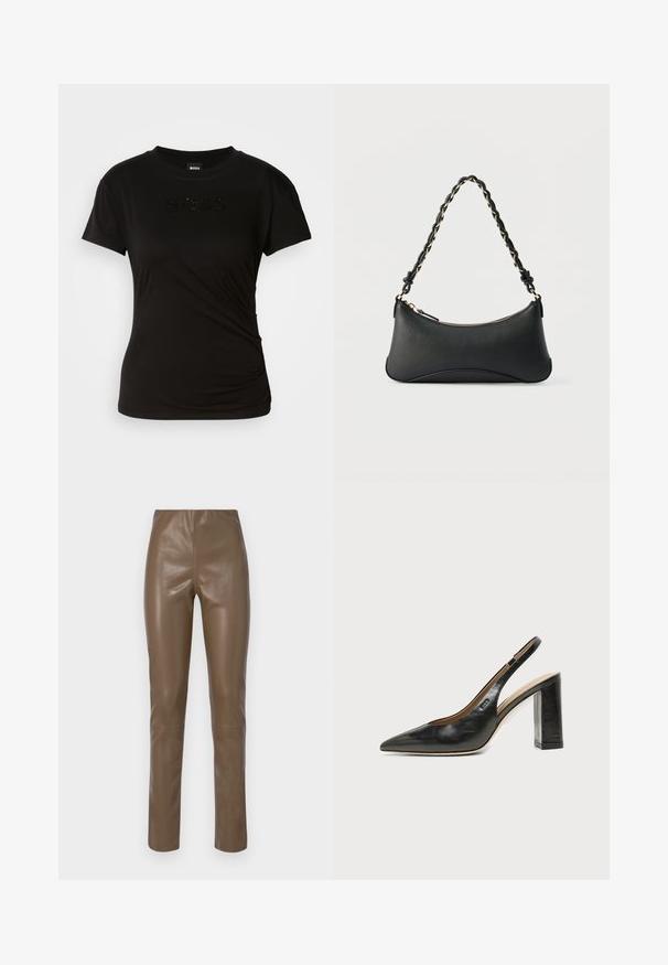 T-shirt noir en tissu doux, avec des manches courtes et un col rond. Le mot "BOSS" est brodé avec des accents noirs brillants.; Pantalons en cuir synthétique brun avec une texture lisse et brillante. Présentent une taille haute et des jambes droites, avec des détails de couture minimalistes.; Chaussure slingback en cuir noir à bout pointu avec un talon bloc haut et une doublure intérieure beige sur un fond clair uni.; Sac à bandoulière en cuir noir de forme rectangulaire incurvée, avec une chaîne dorée tissée dans la bandoulière noire tressée et une fermeture éclair sur le dessus.