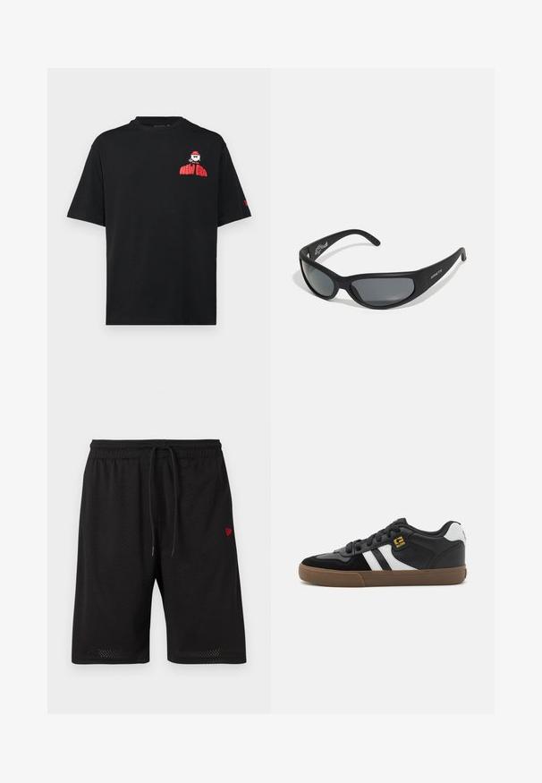 Schwarzes Baumwoll-T-Shirt mit kurzen Ärmeln, rundem Ausschnitt und rographic "NEW ERA" auf der linken Brust. Einfaches, lockeres Design.; Schwarze Mesh-Shorts mit elastischem Bund, verstellbarem Kordelzug und kleinem roten Logo auf der linken Seite. Leichter und atmungsaktiver Stoff.; Schwarz-weiße Sneakers mit einem Obermaterial aus Wildleder und Leder, ausgestattet mit weißen Streifen, schwarzen Schnürsenkeln und einer braunen Gummisohle. Mit goldenen Logo-Akzenten.; Schwarze Sonnenbrille mit einem geschwungenen Rahmen und dunklen Gläsern. Sie verfügt über eine matte Oberfläche und den Markennamen "ARNETTE" an der Seite.