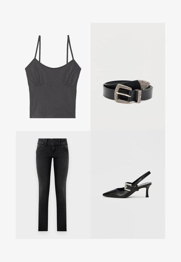 Grå bomulds cami med tynde justerbare stropper, prydet med en samlet detalje ved brystet og en lige kant. Glat tekstur.; Sorte denim skinny jeans med en to-knaps talje, frontlommer og en glat, tekstureret overflade. Standard snit, hel længde design.; Sort lædersko med slingback, spids tå, lille hæl og spænde med rhinsten. Glat tekstur, minimalistisk design.; Sort læderbælte med et struktureret sølvspænde med et lineært mønster og spids ende, designet til lukning og justering.