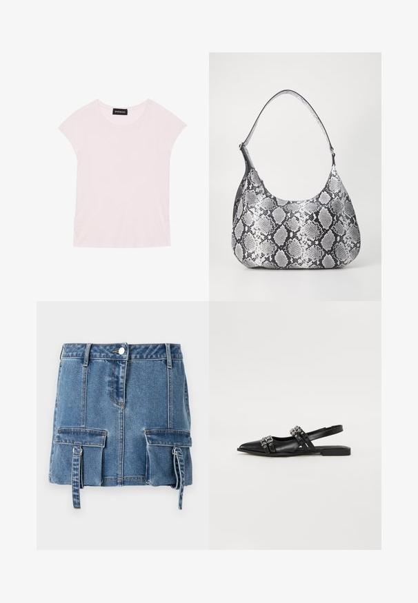 Helles rosa T-Shirt mit kurzen Ärmeln, rundem Ausschnitt und gerafften Seitendetails. Hergestellt aus weichem, leichtem Stoff.; Denim-Minirock in hellblau, mit hoher Taille, vorderem Knopfverschluss und zwei Vordertaschen mit verstellbaren Trägern.; Even&Odd by Zalando Sling-Ballerina - black; Schultertasche im schwarz-weißen Schlangenprint mit runder Form, glatter Textur und gebogenem Tragegurt. Mit einem silbernen Hardware-Akzent.