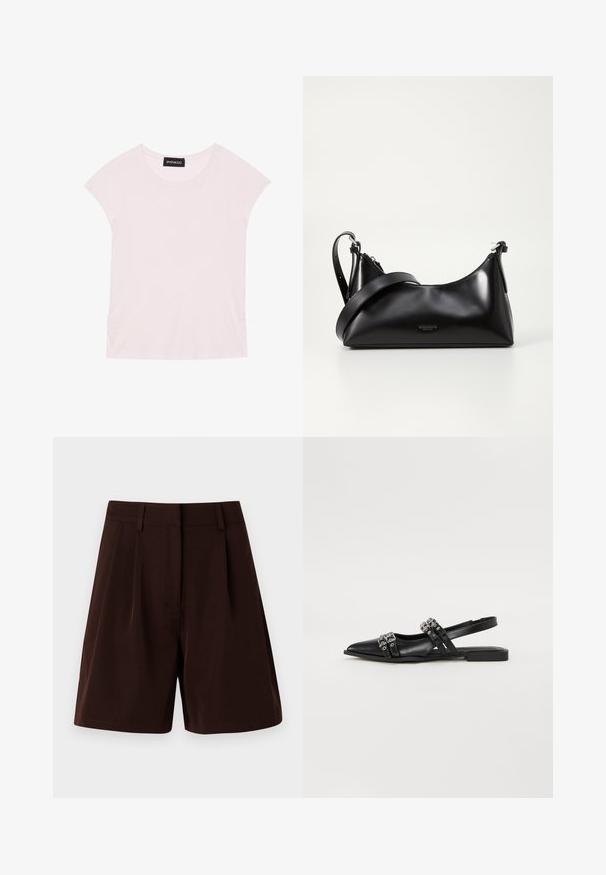 T-shirt rose clair à manches courtes, décolleté rond et détails froncés sur les côtés. Fabriqué en tissu doux et léger.; Shorts plissés marron en tissu léger. Dotés d'une ceinture classique et de poches latérales, avec une coupe droite et des bords ourlés.; Even&Odd Ballerines à brides arrière - black; Sac à main en cuir noir avec une texture lisse. Dispose d'une bandoulière adjustable et d'un design élégant et minimaliste avec une fermeture éclair.