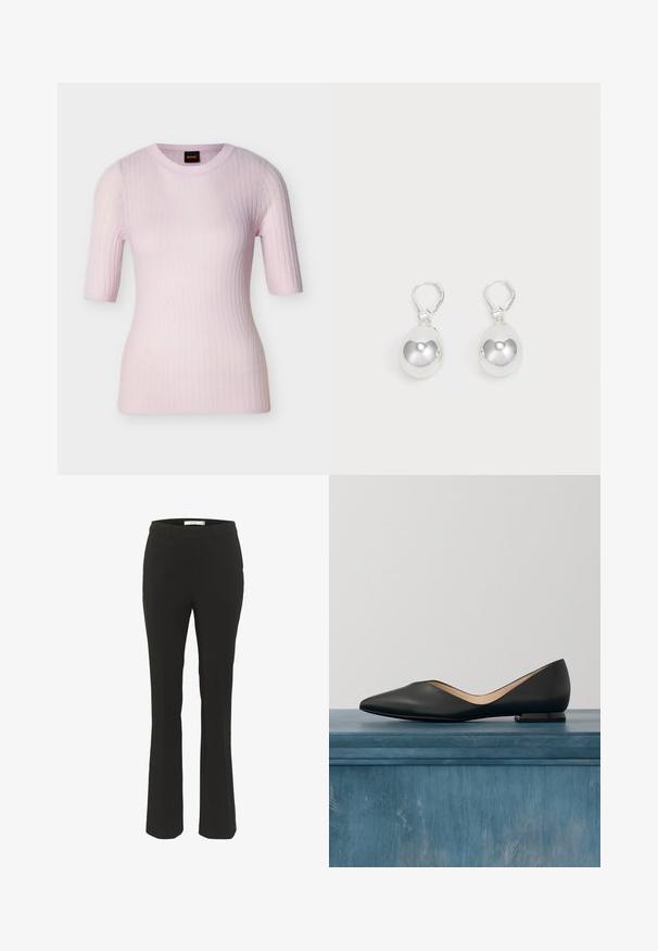 Hellrosa gerippter Kurzarm-Pullover mit Rundhalsausschnitt und figurbetonter Form, mit einem kleinen schwarzen und orangefarbenen BOSS-Label innen im Kragen.; Schwarze, taillierte Hose mit einem schlanken Schnitt, weitem Saum, flachem Vorderteil und ohne sichtbare Taschen. Hergestellt aus glattem Stoff mit minimalen Nähten.; Schwarze Leder-Ballerina mit spitzer Zehenpartie und kleinem, glänzendem Absatz. Das Innere verfügt über ein hellbraunes Futter. Einfaches, elegantes Design.; Silberne Tropfenohrringe mit glatten, runden, reflektierenden Oberflächen, die an Hakenverschlüssen hängen. Der Hintergrund ist reinweiß.