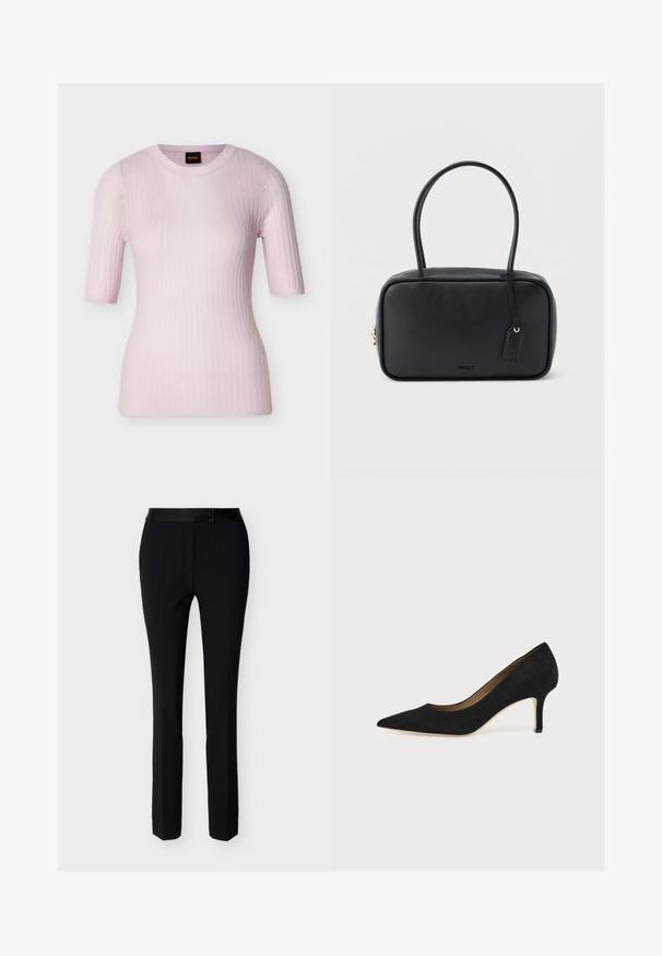 Pull côtelé rose clair à manches courtes avec col rond et coupe ajustée, présentant une petite étiquette BOSS noire et orange à l'intérieur du col.; Pantalon slim noir formel avec fermeture éclair à l'avant et taille avec ceinture, conçu pour un look ajusté et soigné.; Escarpin en daim noir à bout pointu avec un talon stiletto fin de hauteur moyenne et un design à coupe basse sur un fond uni.; Sac à main rectangulaire noir avec doubles poignées arrondies, fermeture éclair dorée et logo "HUGO" embossé sur le devant avec une étiquette en cuir attachée.