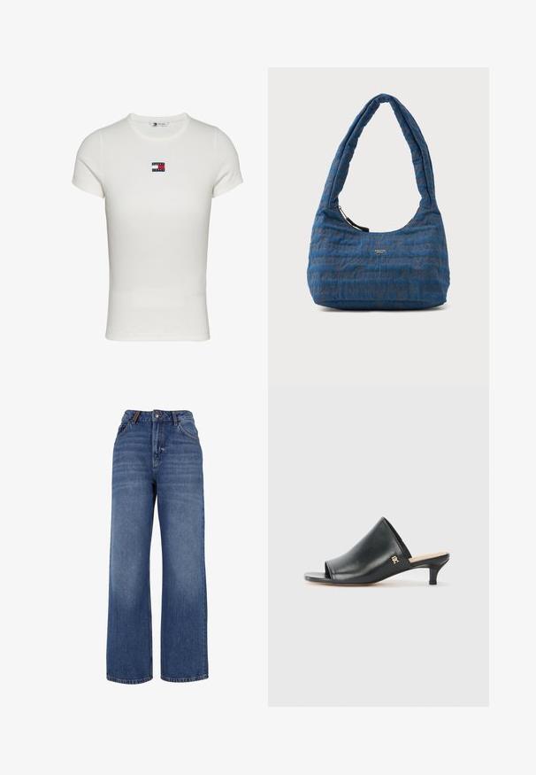 Camiseta blanca de manga corta acanalada con cuello redondo y pequeño parche con el logo de Tommy Jeans centrado en el pecho.; Pantalones vaqueros de pierna ancha hechos de tejido de algodón azul de peso medio. Presentan un diseño clásico de cinco bolsillos y una cremallera con cierre de botón.; Mules de cuero negro de punta abierta con un tacón bajo. Presentan una superficie lisa y un acento del logo dorado en el costado.; Bolso de hombro de tela azul con un diseño de cuadrícula texturizado y sutil texto del logo en marrón. Cuenta con un asa curvada y cierre de cremallera.