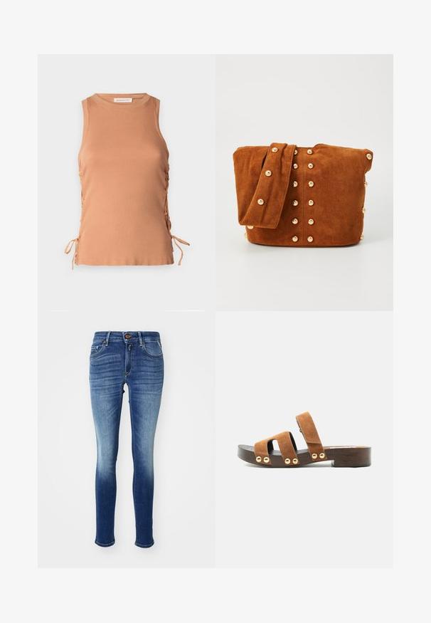 Ärmelloses Top in Tan aus geripptem Stoff, mit seitlichen Bindebändern für eine verstellbare Passform und rundem Ausschnitt. Glatte Textur, lässiges Design.; Engen Jeans in einem blauen Denim mit Farbverlauf, ausgestattet mit fünf Taschen, einem Knopfverschluss und sanften Verblassungen Richtung Knöchel. Klassisches Design.; Brauner Wildleder-Pantoletten-Sandalette mit offenem Zehenbereich, niedrigem Blockabsatz aus Holz, zwei horizontalen Riemen und einem Knöchelriemen mit goldenen Nieten.; Braune Wildleder-Umhängetasche mit breitem Tragegurt, verziert mit goldfarbenen Metallnieten, die auf der Vorder- und den Seiten in einem vertikalen Muster angeordnet sind.