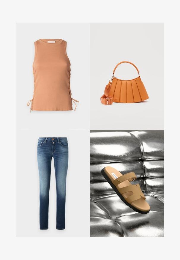 Tan mouwloos topje van ribbelstof, met zijknopen voor een verstelbare pasvorm en ronde halslijn. Soepele textuur, casual ontwerp.; Skinny jeans van denim met een blauwe gradient van donker naar licht. Vijfzakkenontwerp met een ritssluiting en metalen knop. Soepele textuur.; Tan schuif sandalen met twee brede banden met uitsparingen, een soepele leren bovenkant en een gestructureerde zwarte rubberen zool, weergegeven tegen een metallic achtergrond.; Oranje handtas met geplooid ontwerp, enkele bovenhandgreep, afneembare brede schouderriem en subtiel reliëflogo aan de voorzijde.
