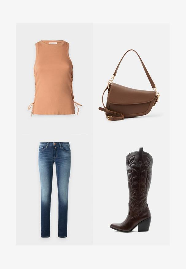 Brun ærmeløs top lavet af ribbet stof, med sidesnore for justerbar pasform og rund halsudskæring. Glat tekstur, afslappet design.; Skinny jeans lavet af denim med en blå gradient fra mørk til lys. Fem-lomme design med lynlås og metalknap. Glat tekstur.; Høj mørkebrun læder cowboystøvle med syede dekorative mønstre, spids tå og stablet blokhæle.; Brun læder skuldertaske med en tekstureret overflade, buet form, guldfarvet hardware, justerbar rem og klaplukning.