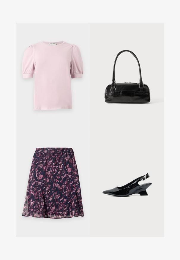 Blusa de manga corta de color rosa claro con mangas abullonadas y escote redondo, mostrada sobre un fondo blanco.; Falda marina con cintura elástica, que presenta un patrón abstracto de flores en tonos rosa y púrpura, y un dobladillo ligeramente acampanado.; Zapato slingback de cuero charol negro con puntera puntiaguda y tacón bajo en bloque inclinado sobre fondo claro liso.; Bolso de mano de cuero negro con forma rectangular, equipado con un asa estructurada, herrajes en plata y cierre de cremallera. Textura suave.