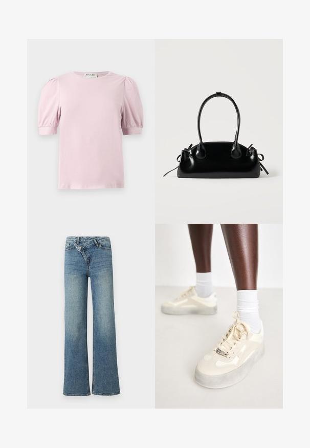 Blusa de manga corta de color rosa claro con mangas abullonadas y escote redondo, mostrada sobre un fondo blanco.; Vaqueros de mezclilla azul claro de pierna ancha con cintura alta, decoloración ligera y cierre de botón en la parte delantera. Cuenta con cinco bolsillos y costuras mínimas.; Zapatillas beige con detalles de cuero suave y ante, suela de goma gris, patrones texturizados y un logo metálico de la marca en el lateral.; Pequeño bolso negro brillante con dos asas largas y detalles de cordón lateral sobre un fondo claro liso.