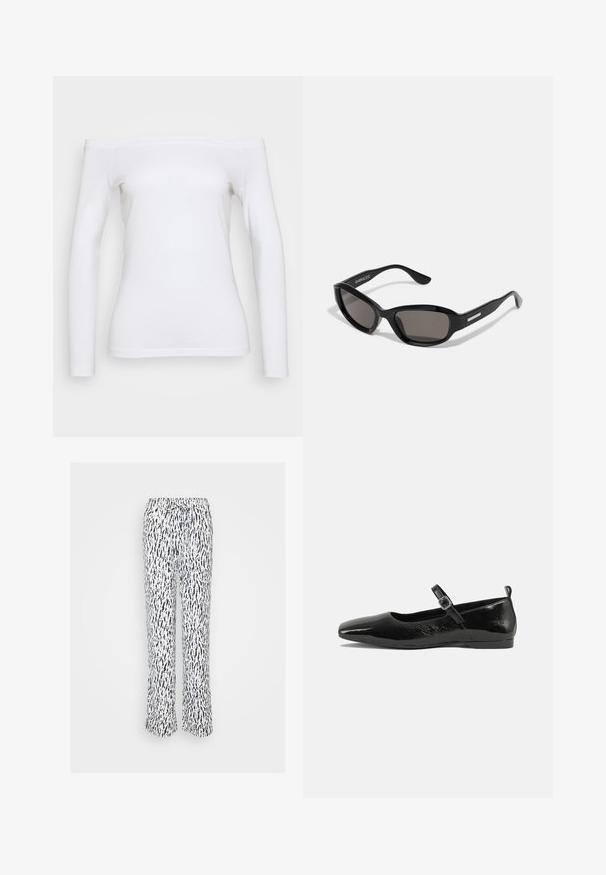 Haut blanc à épaules dénudées, à manches longues, en coton doux. Présente une silhouette ajustée et une texture lisse avec une finition nette à l'ourlet.; Pantalons blancs avec un motif abstrait bleu marine, dotés d'une taille élastique et d'un cordon de serrage réglable. Conception à jambes droites avec une coupe ample.; Chaussure plate en cuir verni noir avec un bout pointu, une sangle de cheville avec boucles, et une texture lisse et brillante. Talon bas pour le confort.; Lunettes de soleil noires avec une monture rectangulaire, des verres sombres, un matériau plastique lisse et un accent métallique sur la branche.