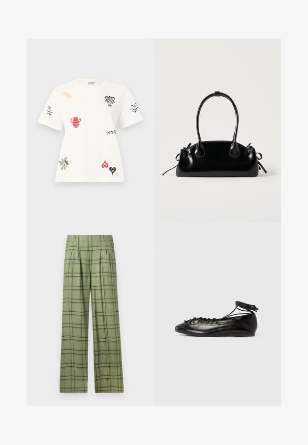 Top blanco de manga corta con motivos bordados coloridos que incluyen palmeras, jarrón, hojas, corazones y formas abstractas dispersas por la tela.; Pantalones de pierna ancha en verde con un patrón de cuadros en negro, cintura alta, pliegues frontales y bolsillos laterales.; Zapatos planos tipo ballet de charol negro con punta redondeada, diseño con cordones y suela plana. Textura lisa con detalles mínimos.; Pequeño bolso negro brillante con dos asas largas y detalles de cordón lateral sobre un fondo claro liso.
