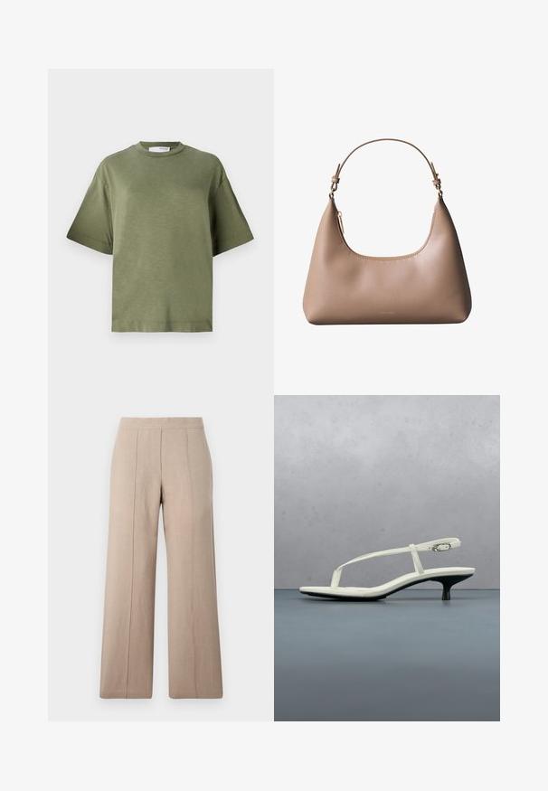 Camiseta de manga corta verde oliva, hecha de una tela suave con un ajuste relajado, escote redondo y diseño minimalista. Sin patrones visibles.; Pantalones de pierna ancha en color beige, confeccionados en tejido ligero, con pliegues frontales, una cinturilla suave y un corte recto con dobladillos limpios.; Sandalia blanca de tacón kitten con tiras y punta afilada, flotando sobre un suelo de baldosas de madera al aire libre, con un fondo desenfocado de plantas y pared.; Bolso de hombro de cuero beige con asa corta, cremallera superior curvada y logotipo minimalista de Calvin Klein en el frente.