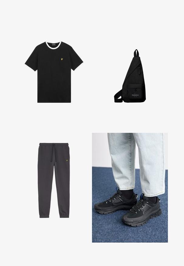 Zwart T-shirt met witte kraag en mouwranden, gemaakt van katoen. Voorzien van een klein geel geborduurd adelaarlogo op de borst.; Donkergrijze sweatpants gemaakt van zacht materiaal, met een elastische tailleband met trekkoord, gesloten enkels en een klein geel logo op de linker dij.; Zwarte sportschoenen met gestructureerde stof en rubberen zolen, met elastische veters en een blauwe accent op de hiel. Draag samen met lichte spijkerbroeken.; Zwarte driehoekige crossbodytas met voorvak met rits met Calvin Klein-logo en verstelbare band.